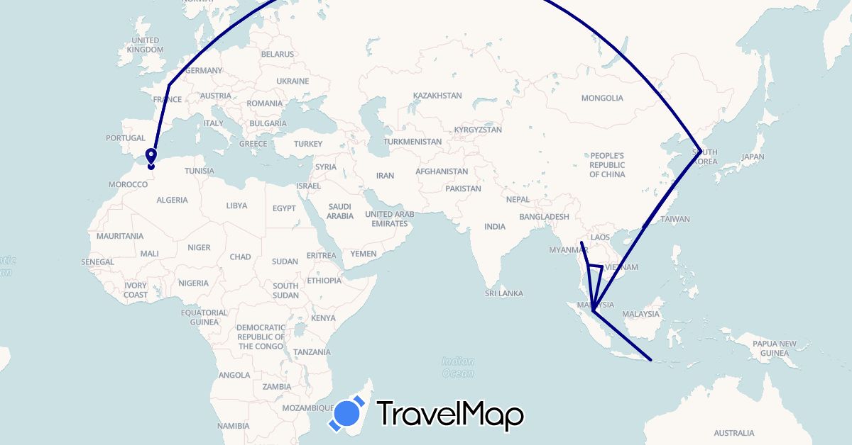 TravelMap itinerary: driving in France, Hong Kong, Indonesia, Cambodia, South Korea, Morocco, Macau, Malaysia, Thailand (Africa, Asia, Europe)
